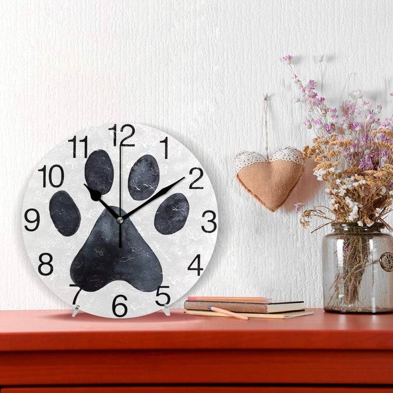 senya Black Dog Paw Print Design Round Wall Clock, Silent Non Ticking Oil Painting Decorative for Home Office School Clock Art - Image 2